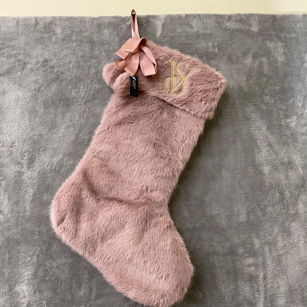VICTORIA'S SECRET FAUX FUR CHRISTMAS STOCKING BLUSH PINK MAUVE GOLD TRIM NWT